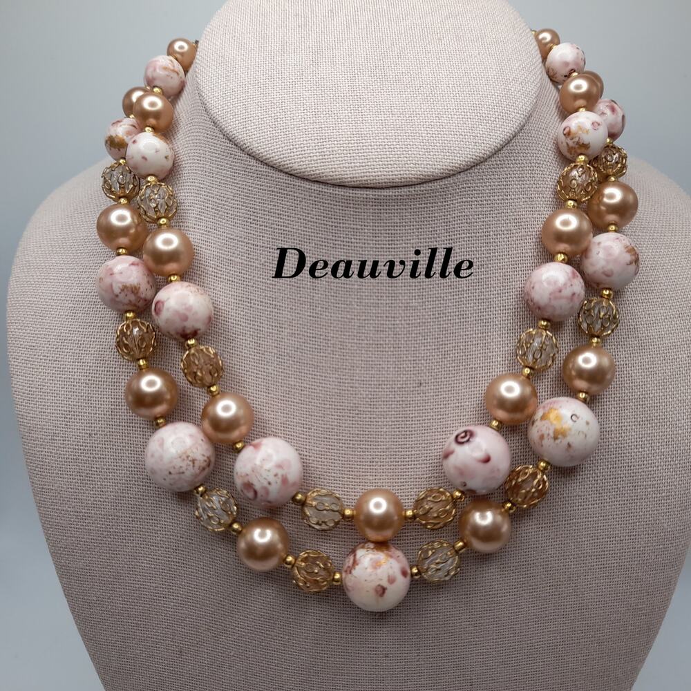 Vintage Deauville Art Bead Necklace, Faux Pearl Beads, Pink White Gold, 1960s